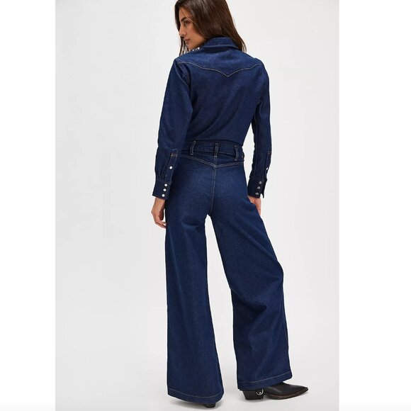 Wrangler Trouser Coverall Jumpsuit S Blue Denim Pearl Snap Flared Leg Western - Picture 2 of 8